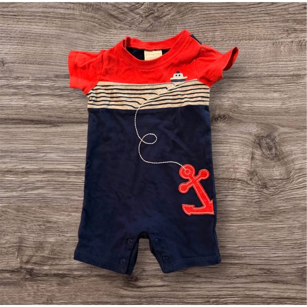 First Impressions Romper Baby Boy 3-6M Blue Red Cotton Nautical Anchor Theme